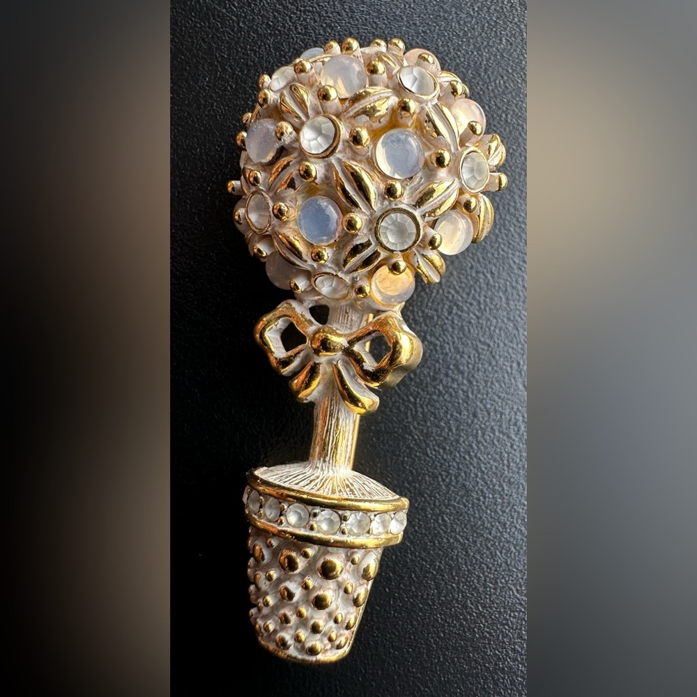 Vintage Monet Topiary Moonstone Crystal Rhinestone Gold Plated Brooch